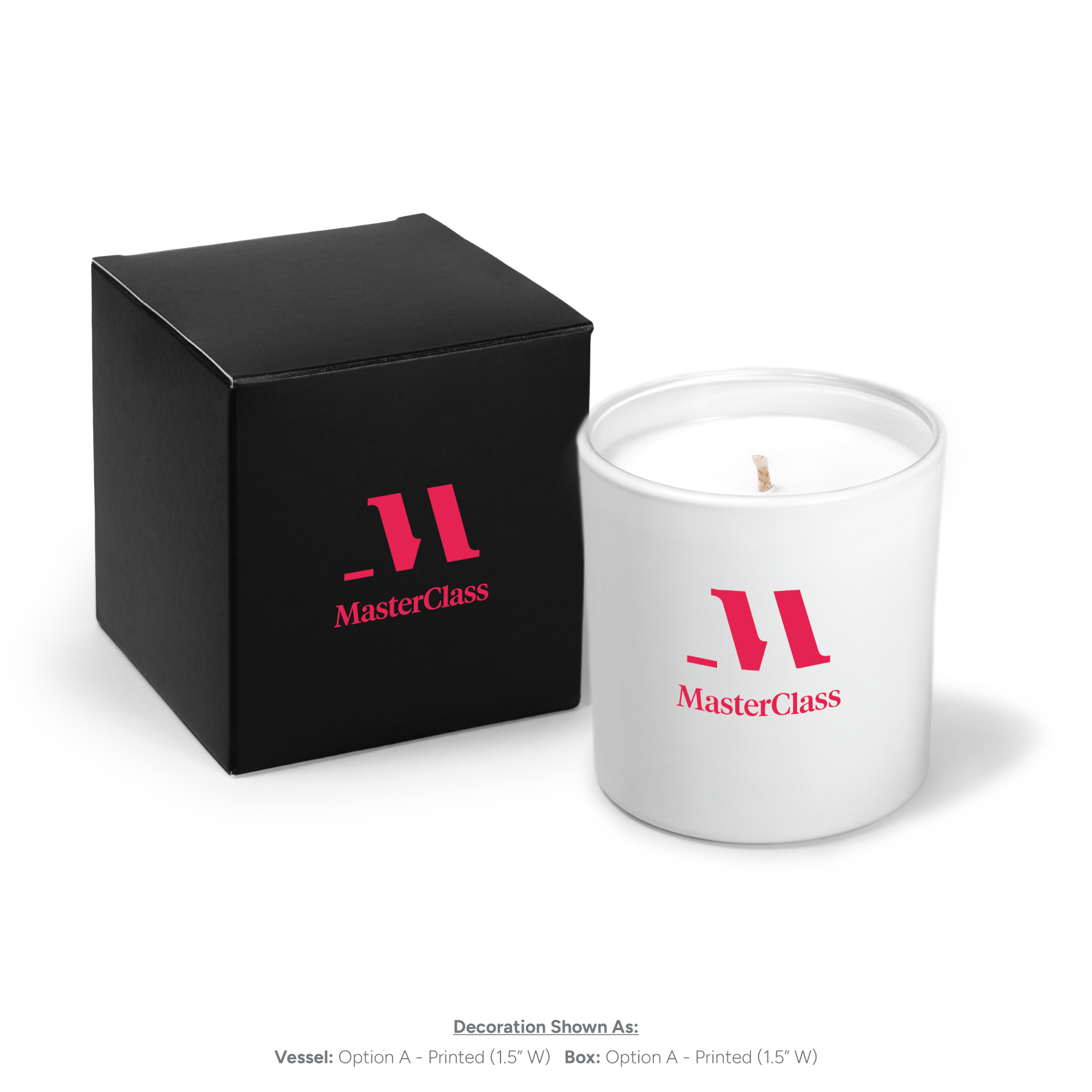 9 oz white glass candle with blue logo and white gift box with matching branding.