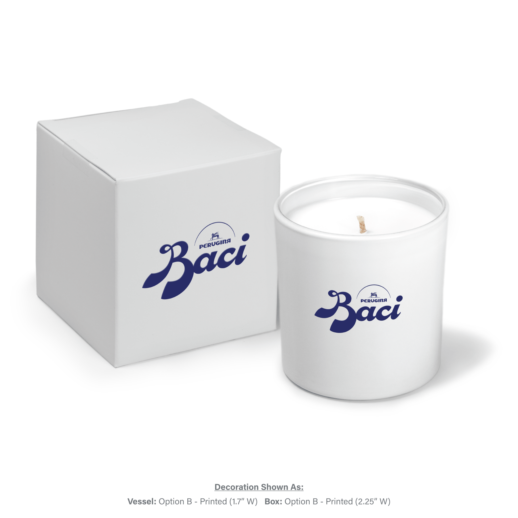 9 oz white glass candle with blue logo and white gift box with matching blue branding.