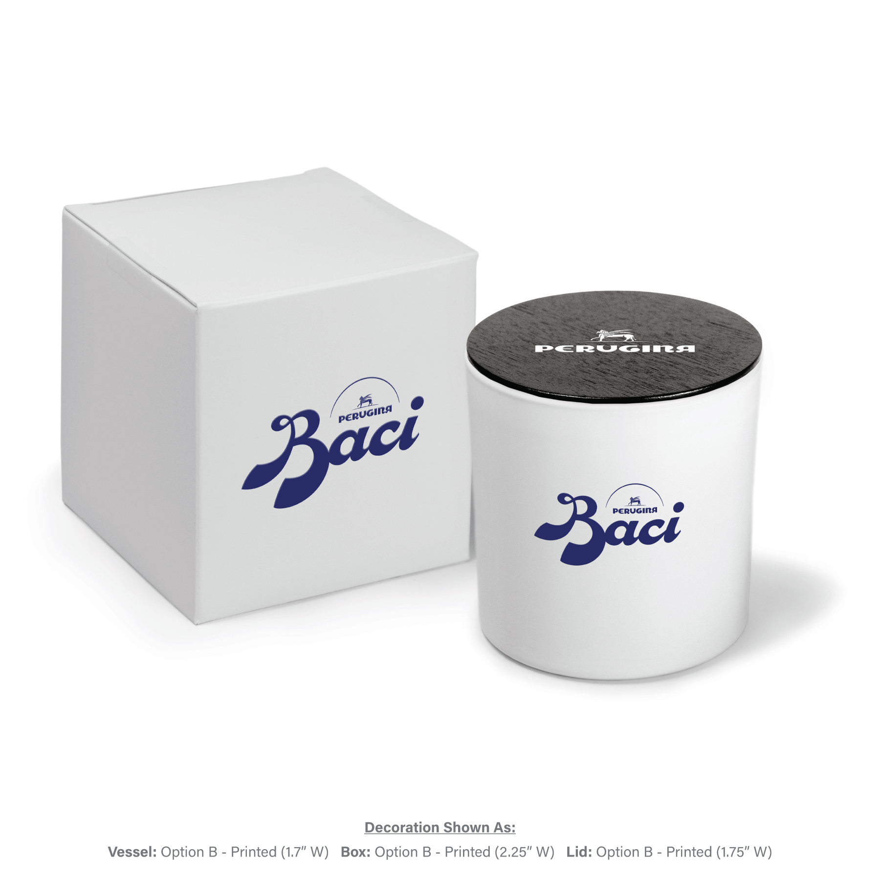9 oz white glass candle with blue logo and black wooden lid with white text next to white gift box with matching blue branding.