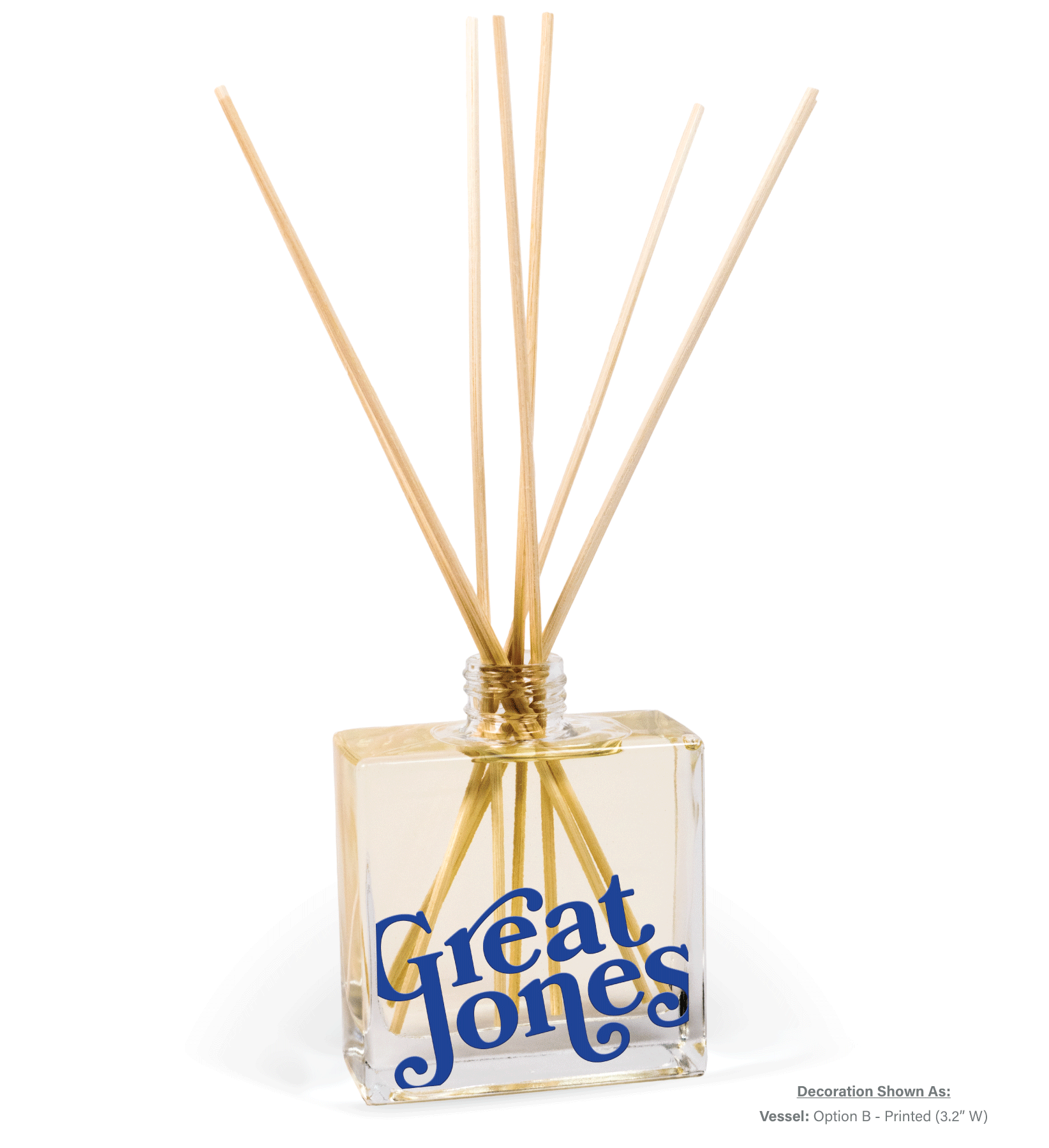 8 oz clear glass reed diffuser bottle displaying custom logo imprint with natural reeds, elegant promotional product for corporate branding
