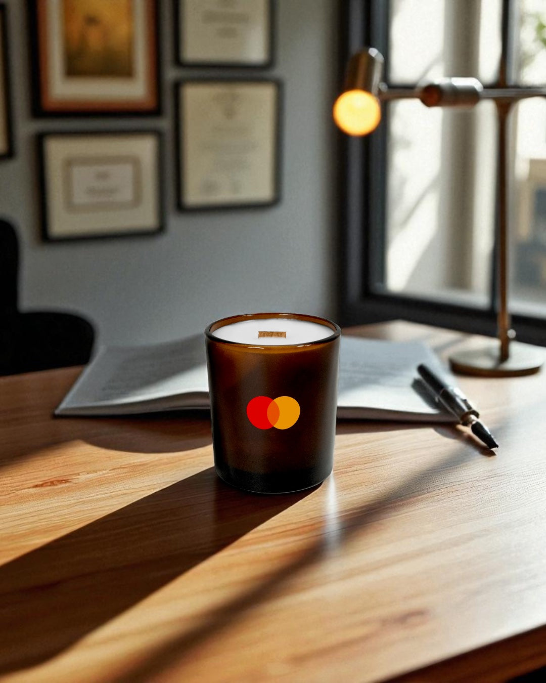 A amber 14 oz. glass candle with wooden wick featuring a colorful logo sits on a weathered wooden whiskey barrel, with additional barrels visible in the blurred distillery background