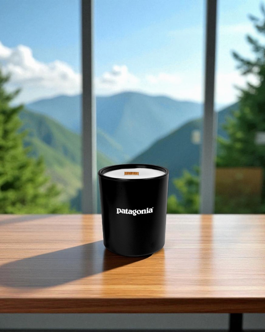 A black 14 oz. candle with wooden wick featuring white text sits on a white glass coffee table in a modern tile showroom, with various tile samples displayed on wall racks and green plants in the background