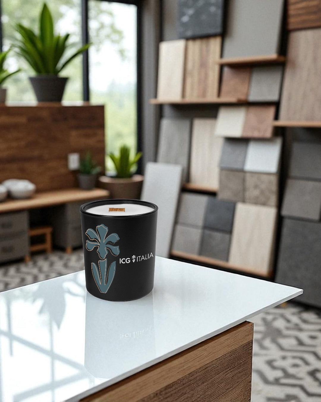 A black 14 oz. candle with wooden wick featuring a blue floral logo sits on a white glass coffee table in a modern tile showroom, with various tile samples displayed on wall racks and green plants in the background