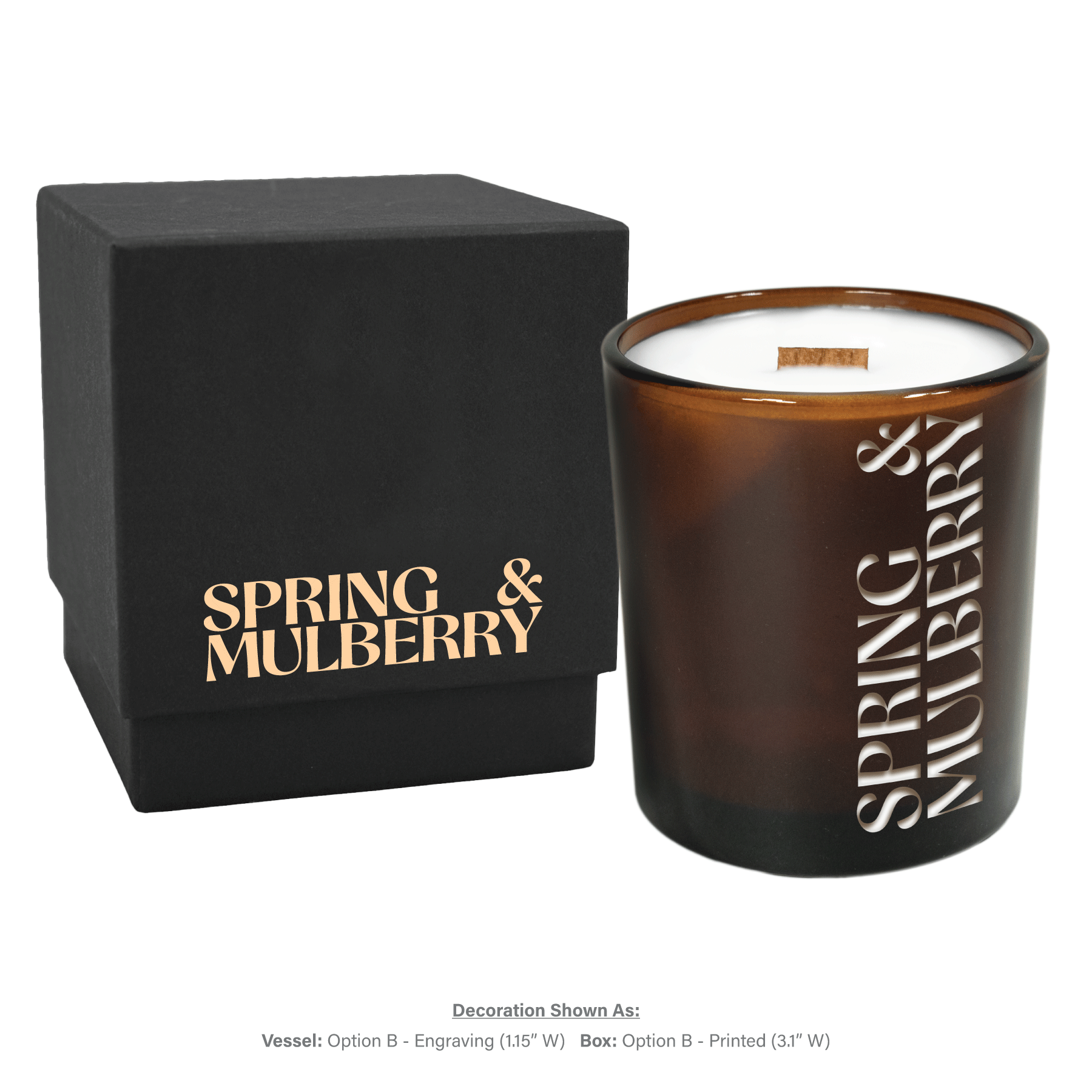 14 oz amber luxury candle with black gift box without lid, showing the candle with custom engraving