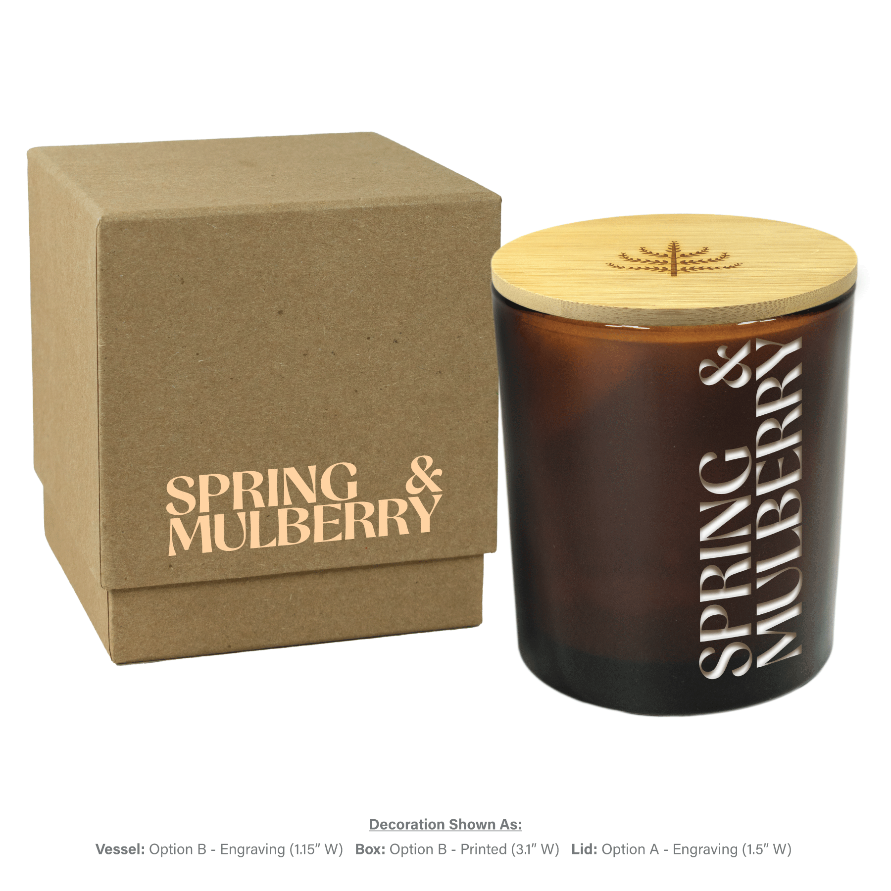 14 oz custom engraved amber luxury candle with kraft gift box and lid on