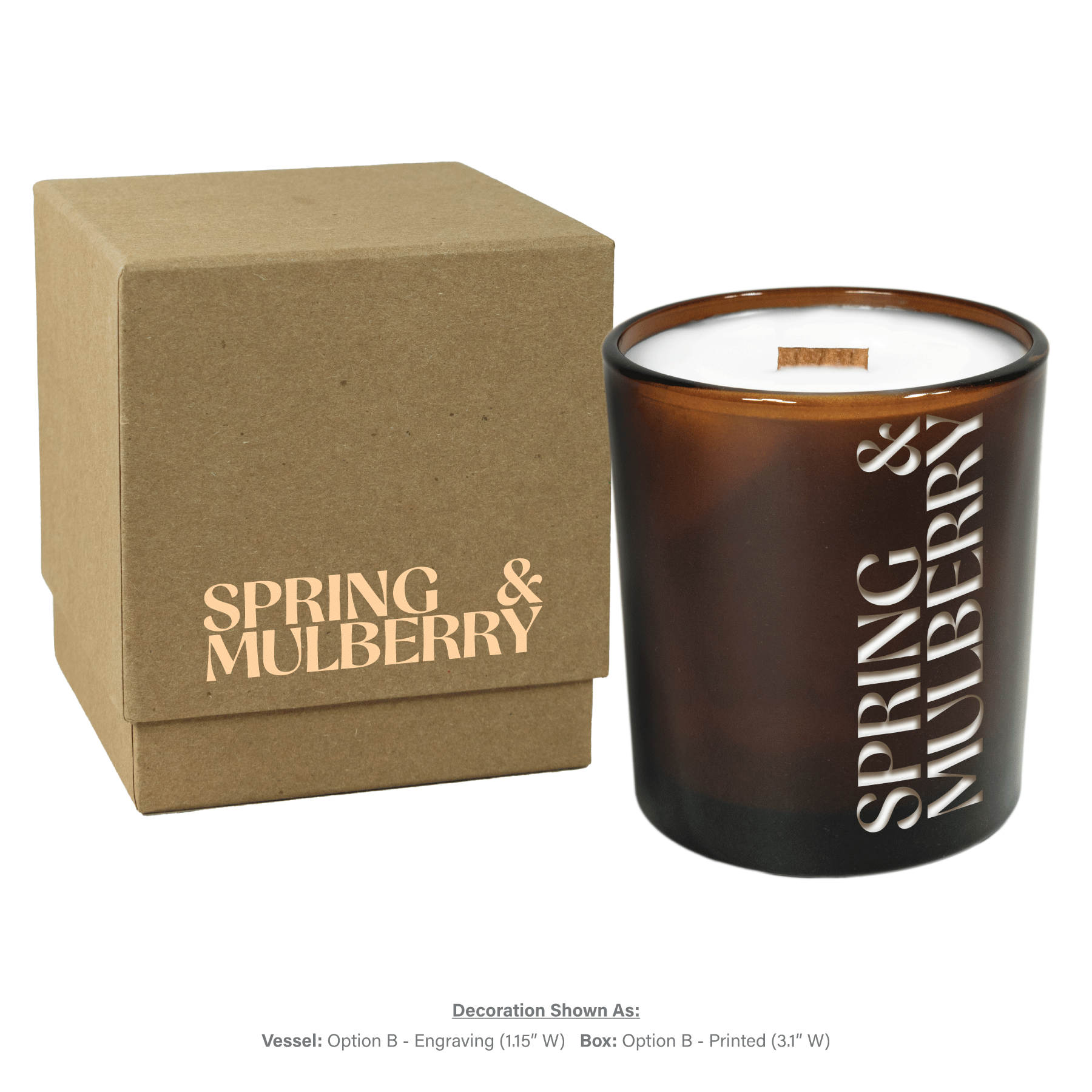 14 oz amber luxury candle with kraft gift box without lid, showing the candle with custom engraving