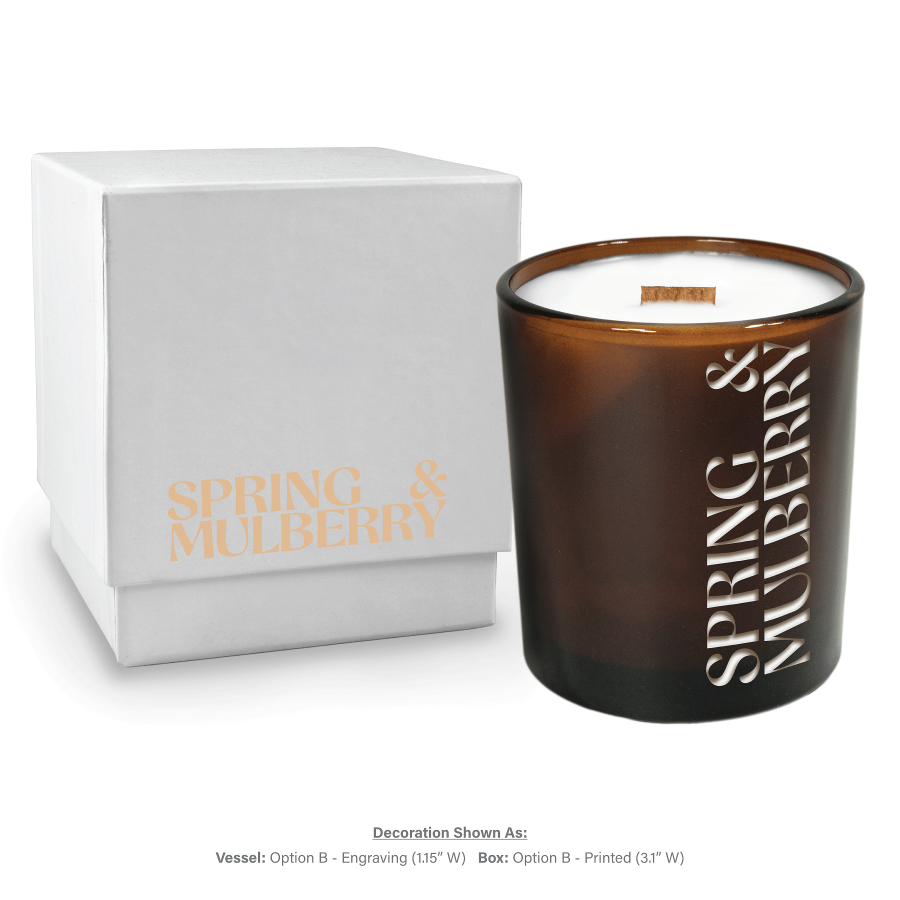 14 oz amber luxury candle with white gift box without lid, showing the candle with custom engraving