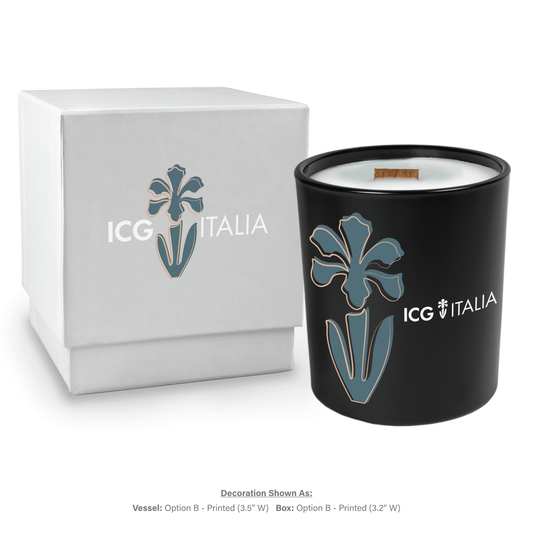 14 oz black glass candle with wooden wick and white wax next to matching white gift box, both featuring multicolor branding.