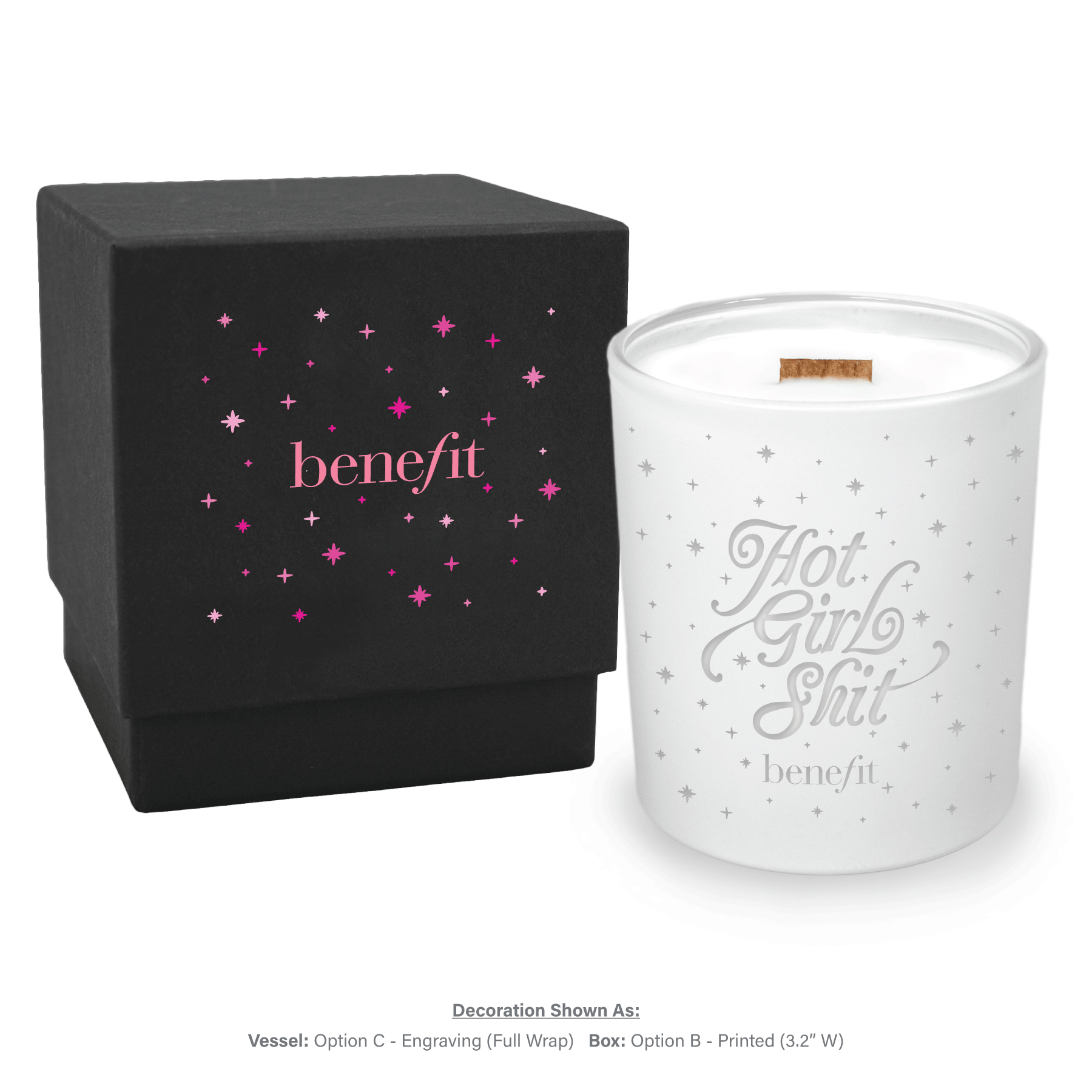 14 oz engraved luxury white soy candle with wooden wick and black gift box, lid removed showing candle