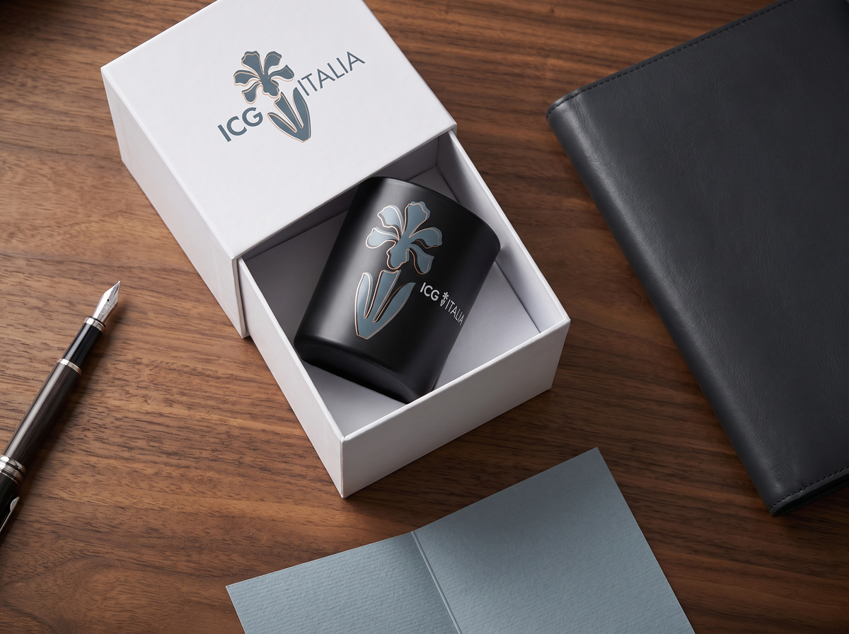 Branded candle gift box presented on an executive desk for corporate client gifting