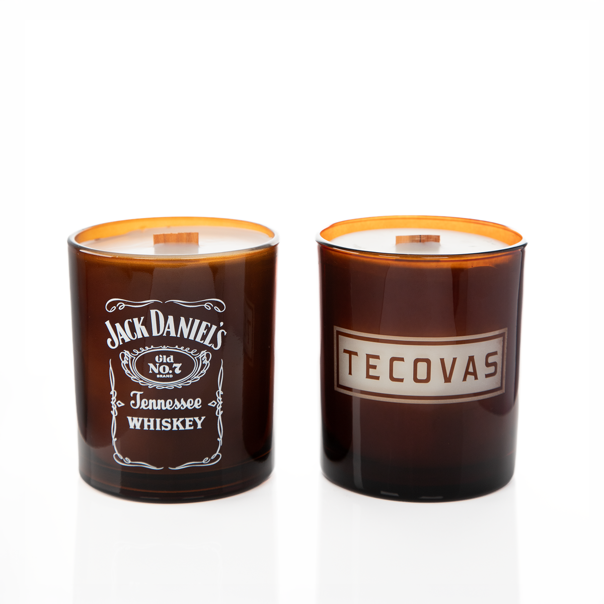 Amber glass, two 14 oz. candles side by side, one custom printed and one laser engraved, from Bath Promotions