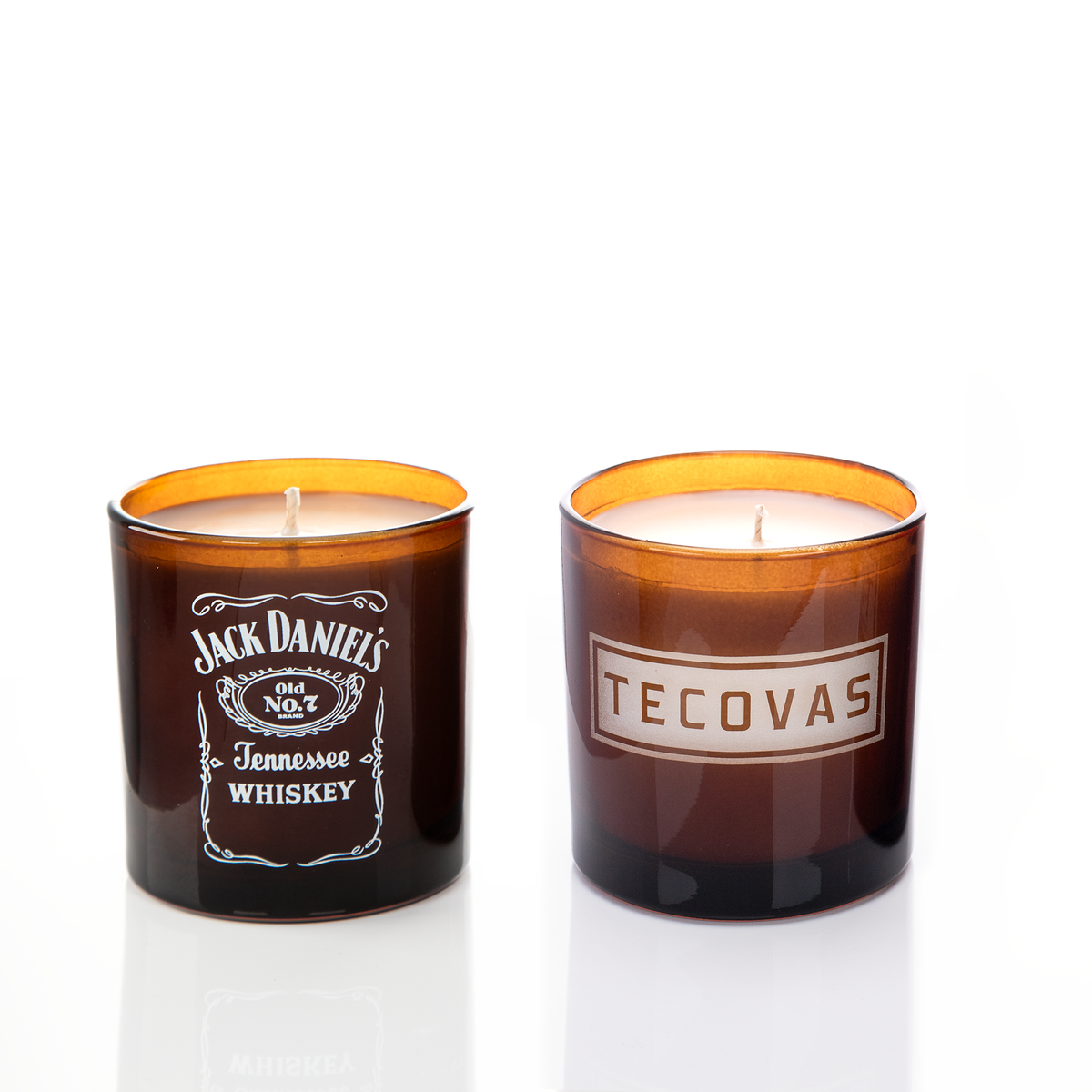 Amber glass, two 9 oz. candles side by side, one custom printed and one laser engraved, from Bath Promotions