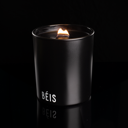 14 oz. Black glass candle with custom printed logo from Bath Promotions, shown lit — Lit version