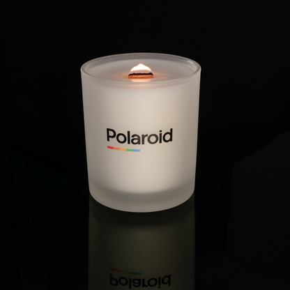 14 oz. Frosted glass candle with custom printed logo from Bath Promotions, shown lit — Lit version