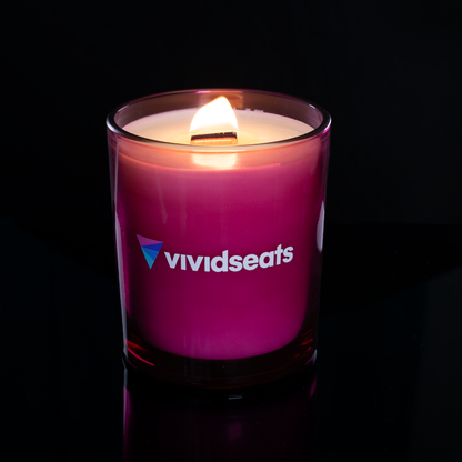14 oz. Purple glass candle with custom printed logo from Bath Promotions, shown lit — Lit version