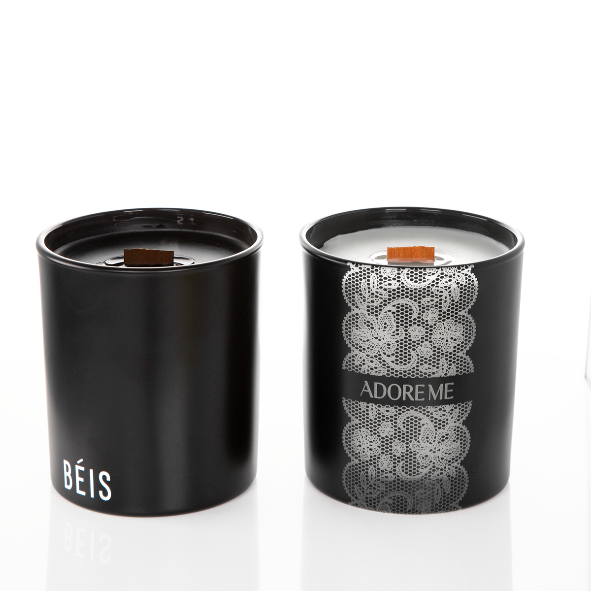 Black glass, two 14 oz. candles side by side, one custom printed and one laser engraved, from Bath Promotions