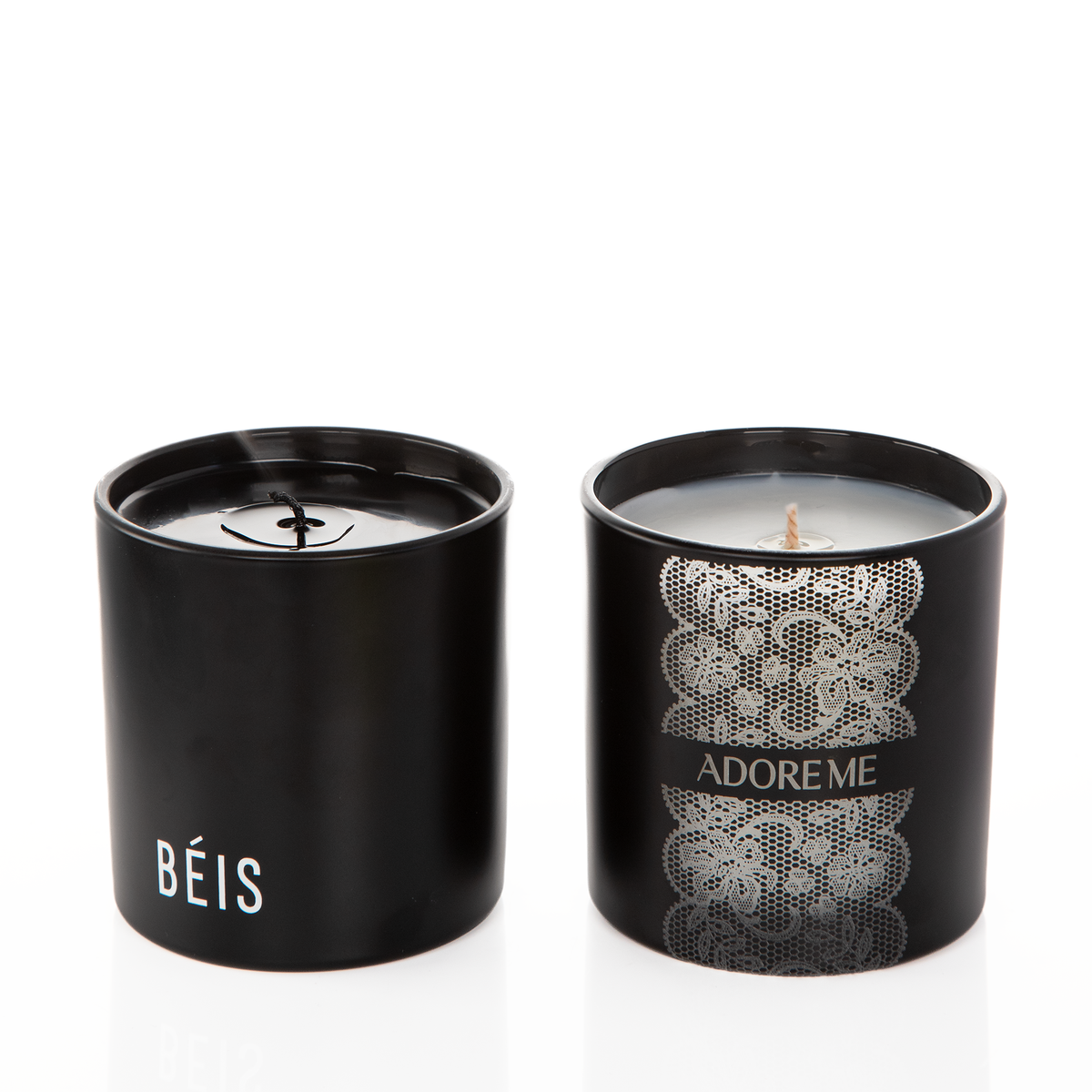 Black glass, two 9 oz. candles side by side, one custom printed and one laser engraved, from Bath Promotions