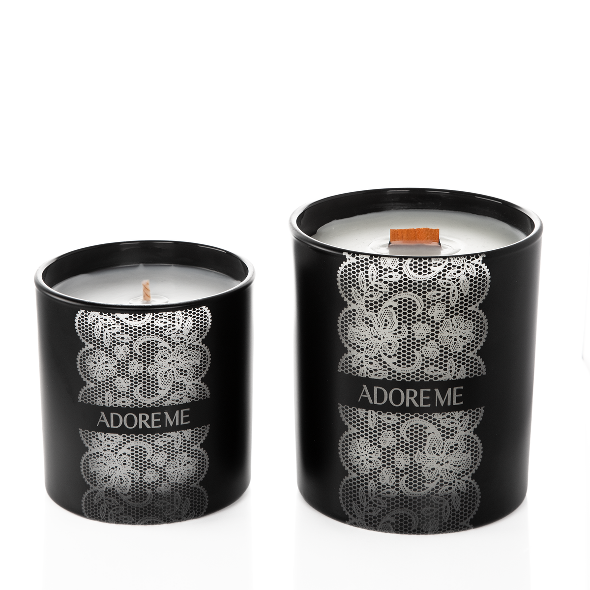 Black glass candles, 9 oz. beside 14 oz., both laser engraved with the same logo, from Bath Promotions