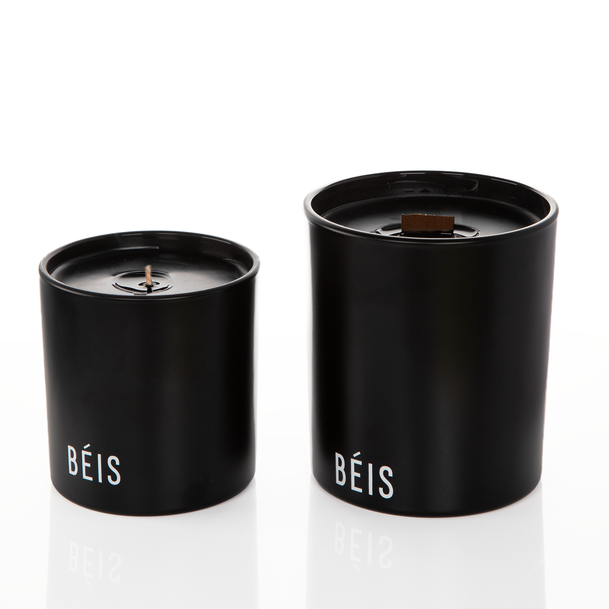 Black glass candles, 9 oz. beside 14 oz., both custom printed with the same logo, from Bath Promotions