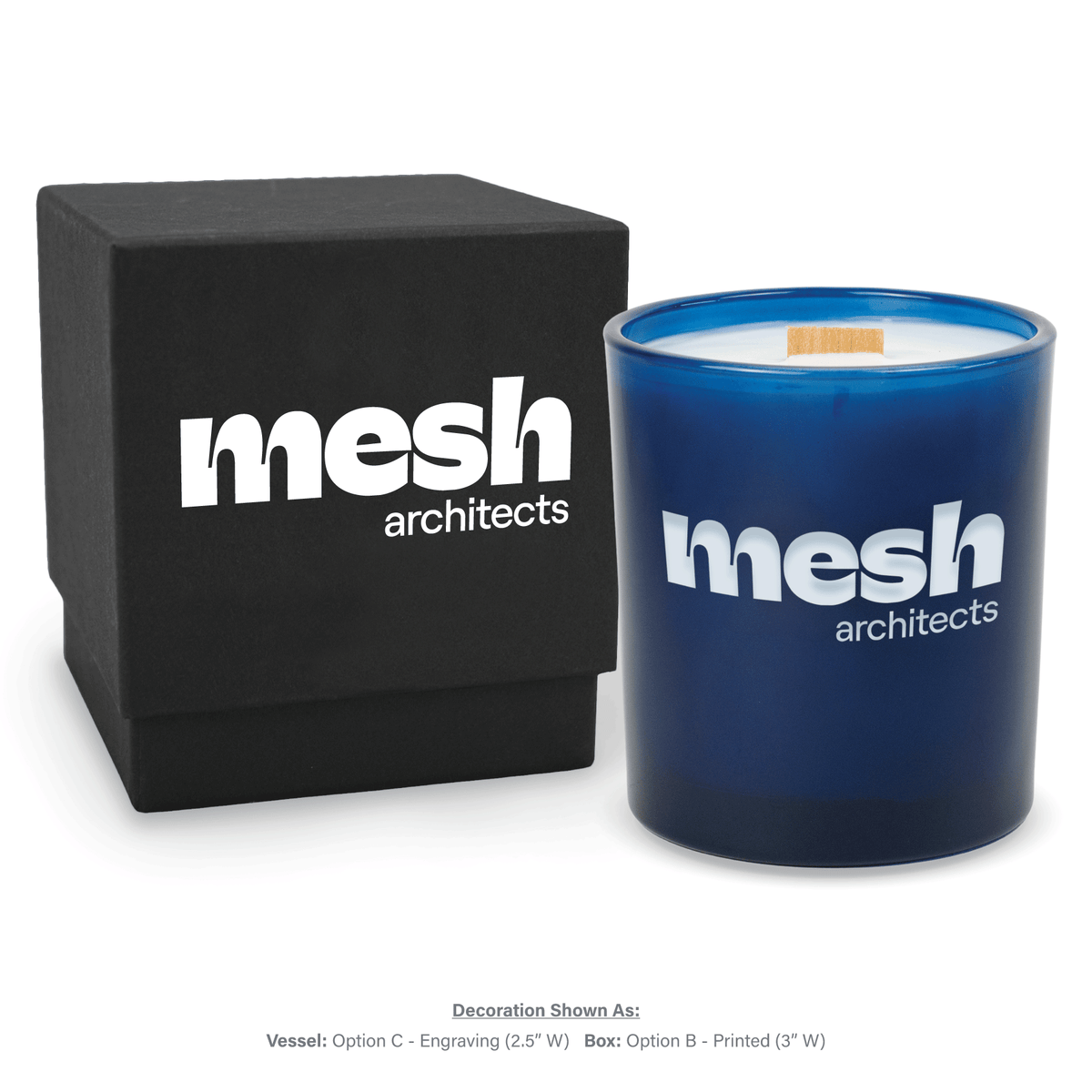 14 oz. Blue glass candle with custom engraved logo next to its matching Black gift box