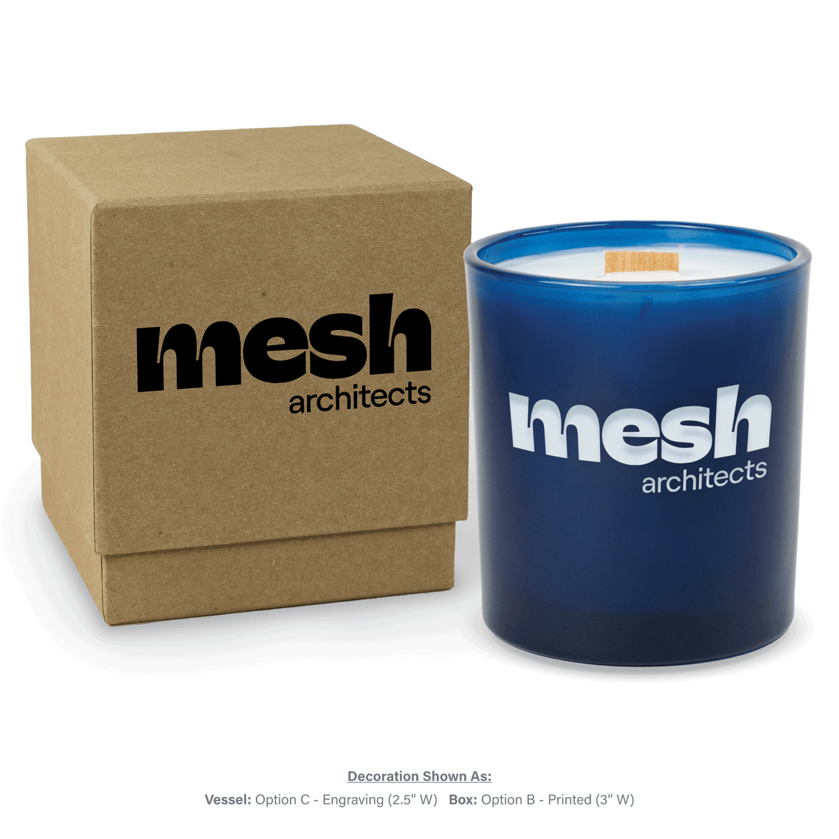 14 oz. Blue glass candle with custom engraved logo next to its matching Kraft gift box