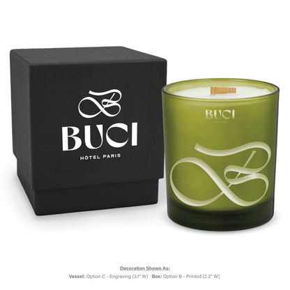 14 oz. Green glass candle with custom engraved logo next to its matching Black gift box