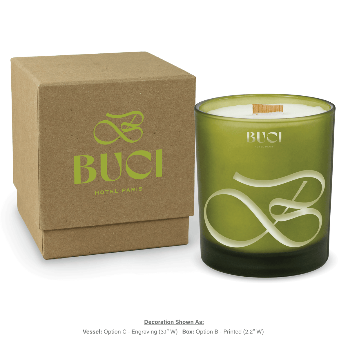 14 oz. Green glass candle with custom engraved logo next to its matching Kraft gift box