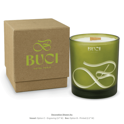 14 oz. Green glass candle with custom engraved logo next to its matching Kraft gift box