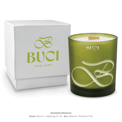 14 oz. Green glass candle with custom engraved logo next to its matching White gift box