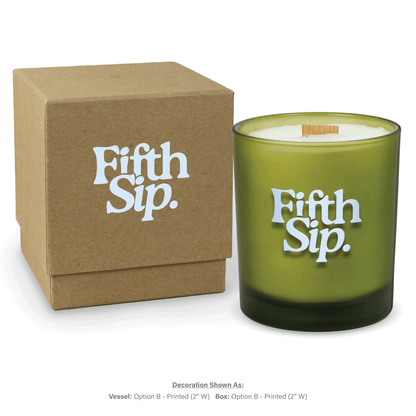 14 oz. Green glass candle with custom printed logo next to its matching Kraft gift box