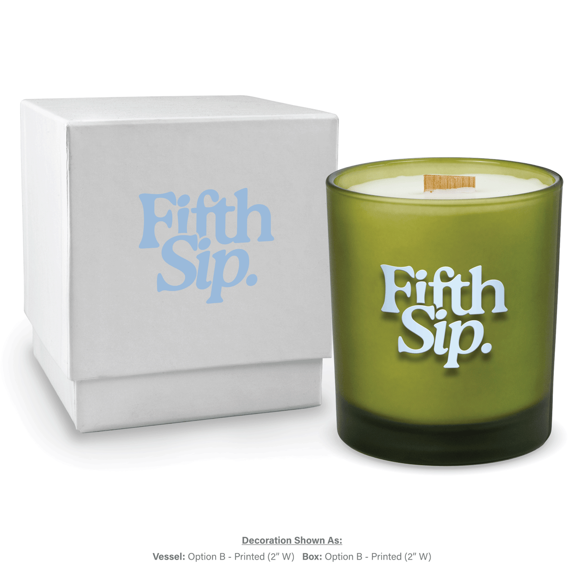 14 oz. Green glass candle with custom printed logo next to its matching White gift box