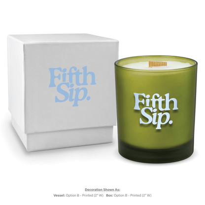 14 oz. Green glass candle with custom printed logo next to its matching White gift box