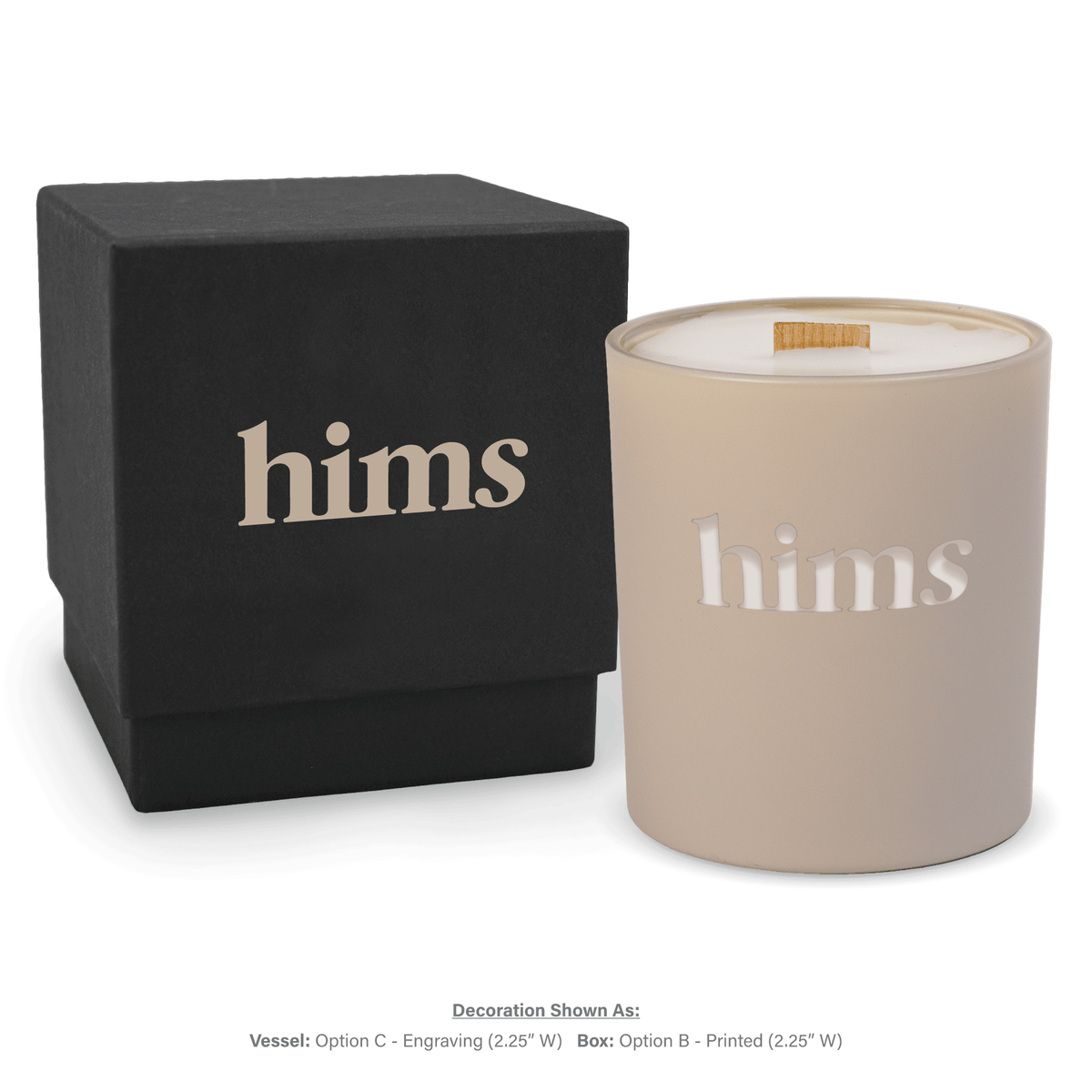 14 oz. Nude glass candle with custom engraved logo next to its matching Black gift box