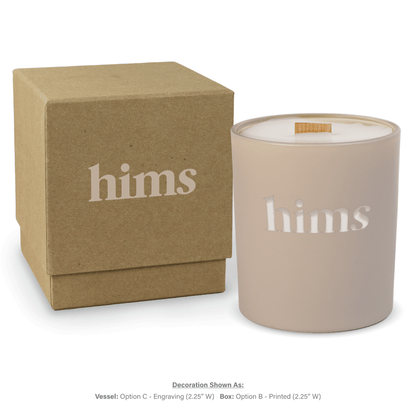 14 oz. Nude glass candle with custom engraved logo next to its matching Kraft gift box