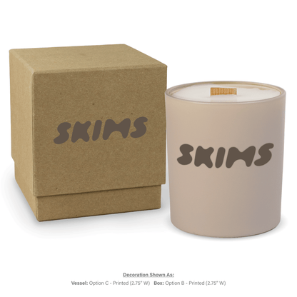 14 oz. Nude glass candle with custom printed logo next to its matching Kraft gift box