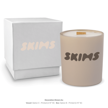 14 oz. Nude glass candle with custom printed logo next to its matching White gift box