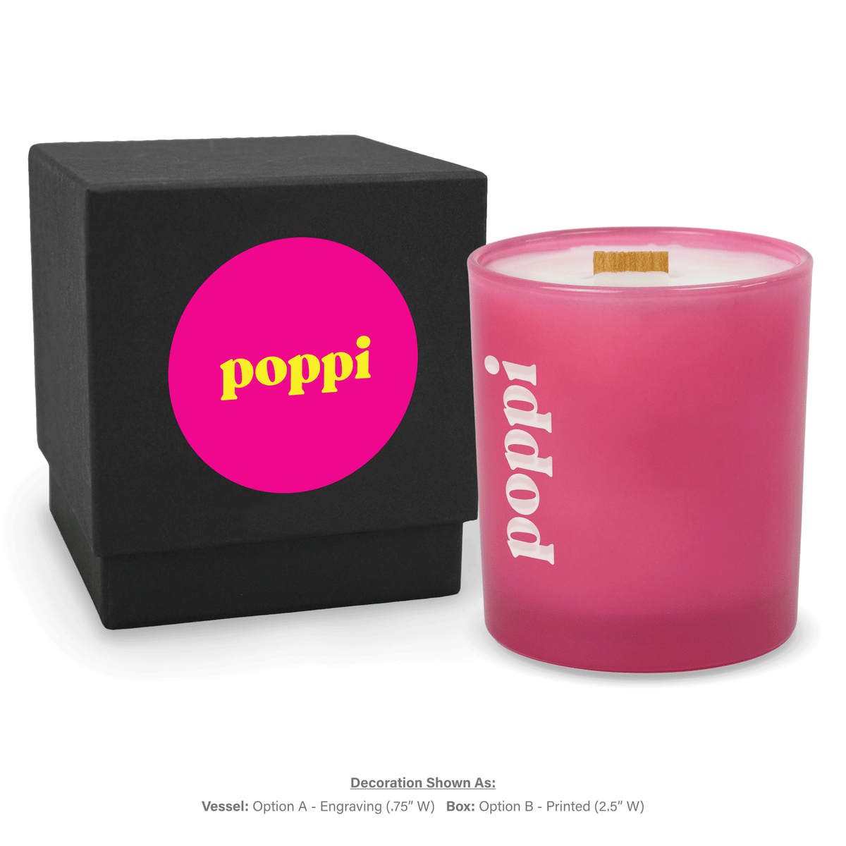 14 oz. Pink glass candle with custom engraved logo next to its matching Black gift box