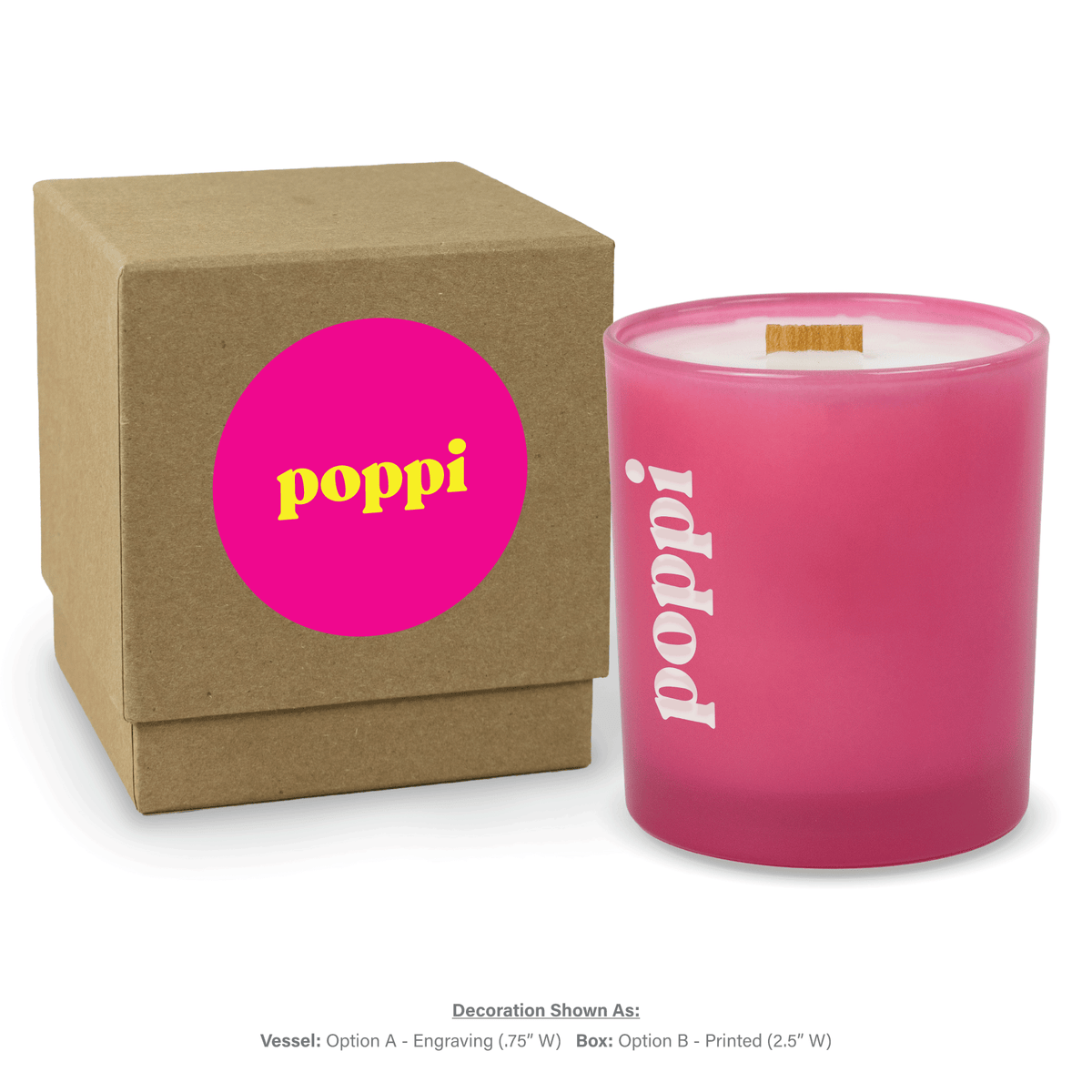 14 oz. Pink glass candle with custom engraved logo next to its matching Kraft gift box