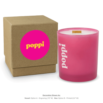 14 oz. Pink glass candle with custom engraved logo next to its matching Kraft gift box