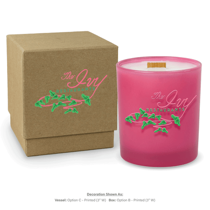 14 oz. Pink glass candle with custom printed logo next to its matching Kraft gift box