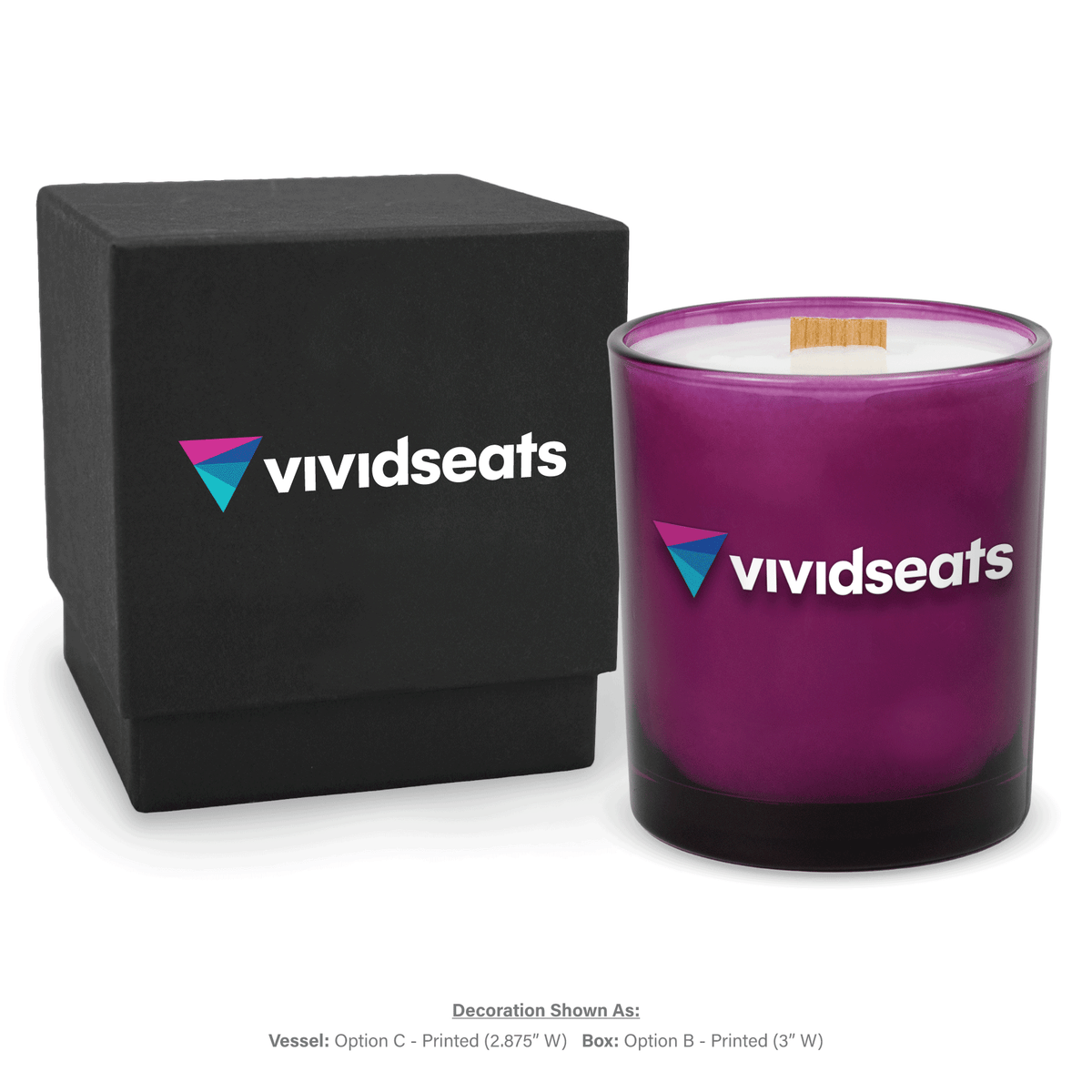 14 oz. Purple glass candle with custom printed logo next to its matching Black gift box