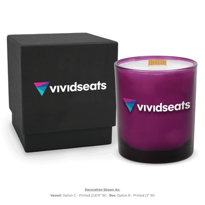 14 oz. Purple glass candle with custom printed logo next to its matching Black gift box