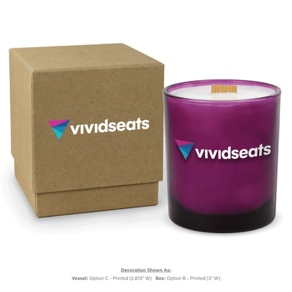 14 oz. Purple glass candle with custom printed logo next to its matching Kraft gift box