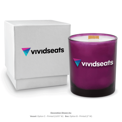 14 oz. Purple glass candle with custom printed logo next to its matching White gift box