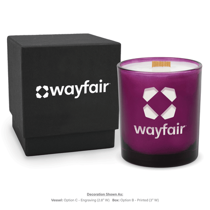 14 oz. Purple glass candle with custom engraved logo next to its matching Black gift box