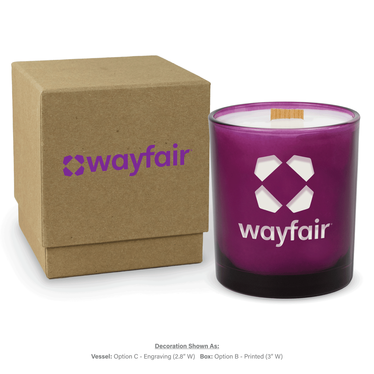 14 oz. Purple glass candle with custom engraved logo next to its matching Kraft gift box