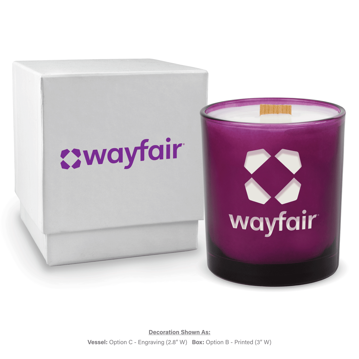 14 oz. Purple glass candle with custom engraved logo next to its matching White gift box