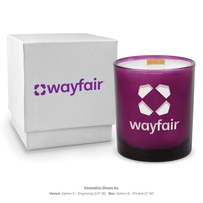14 oz. Purple glass candle with custom engraved logo next to its matching White gift box