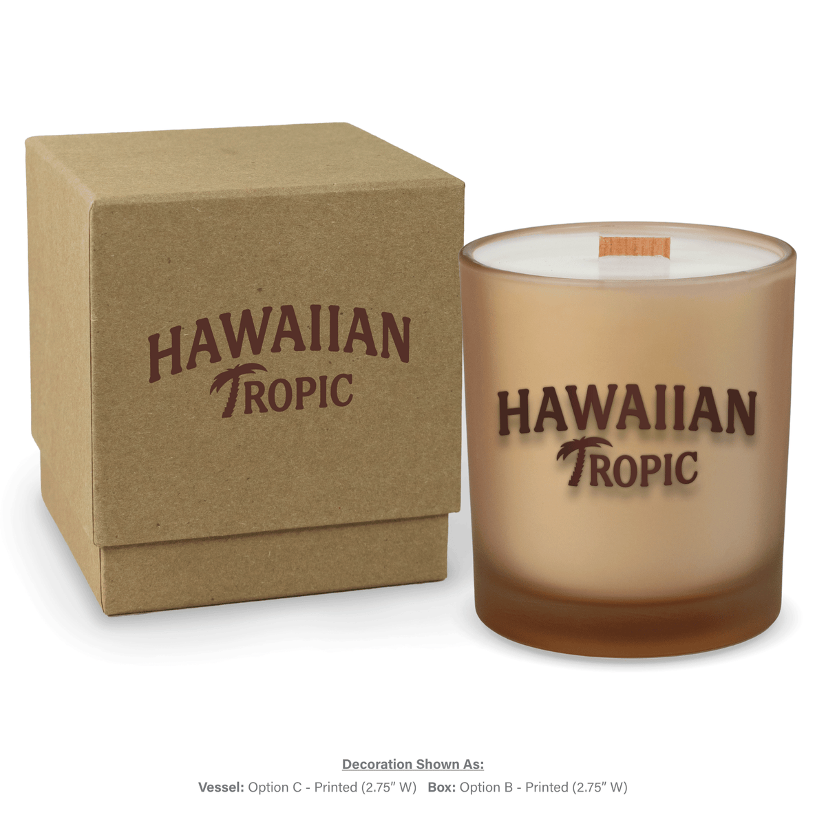 14 oz. Sand glass candle with custom printed logo next to its matching Kraft gift box