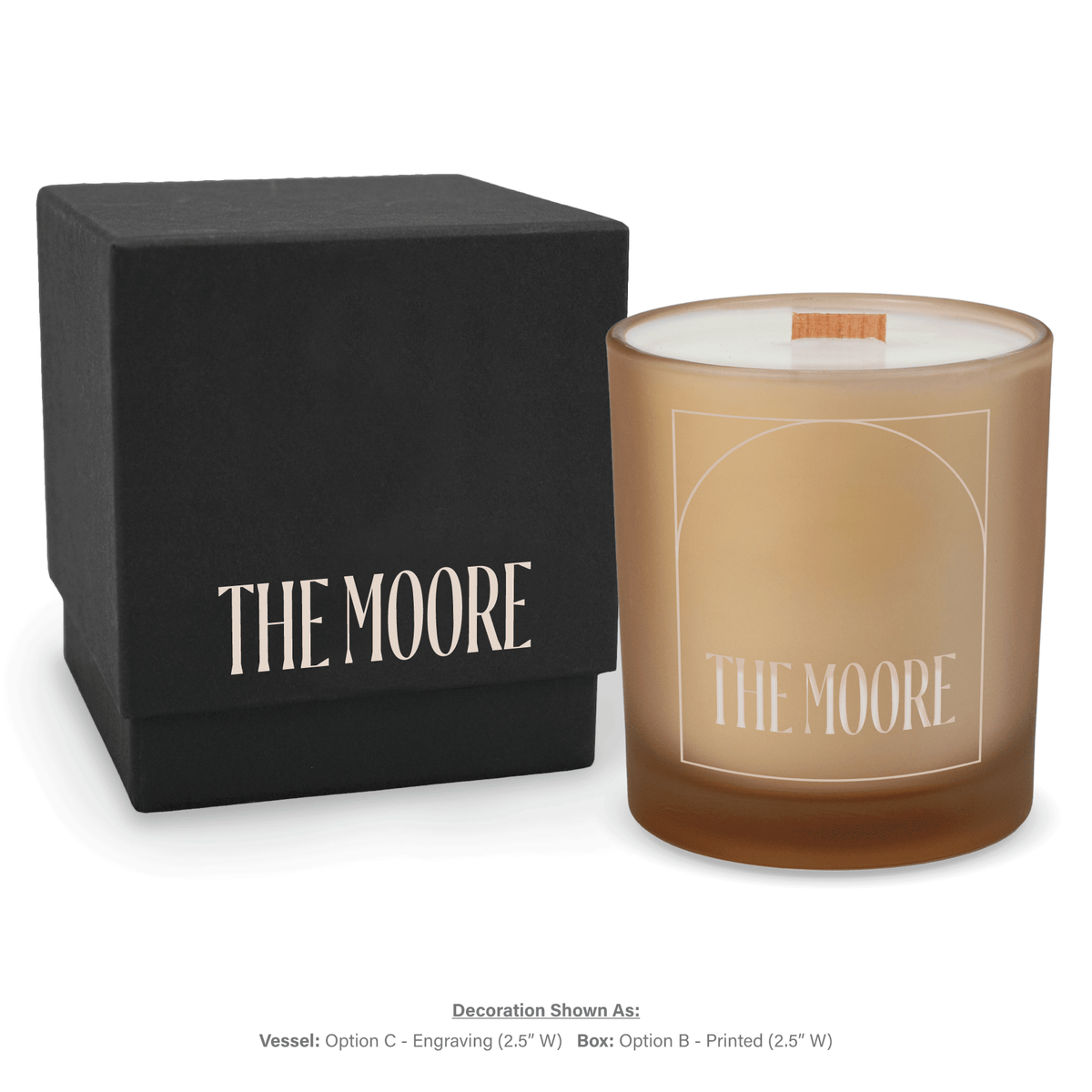14 oz. Sand glass candle with custom engraved logo next to its matching Black gift box
